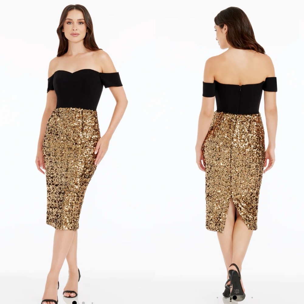 Dress the‎ Population Bailey Sequin Dress Womens XS Black Gold Bodycon Midi NWOT